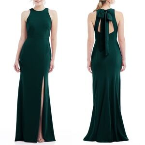 Dessy Collection Open-Back Cutout Halter Maxi Dress w/Scarf Tie Evergreen Size 2